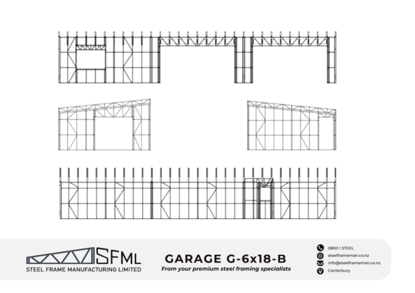 Steel Frame Manufacturing Ltd 6m x 18m (108m2) Two Bay Garage & Sleepout steel framing kit includes roof rafters, wall frames and ancillaries (brackets, screws, driver bits etc).