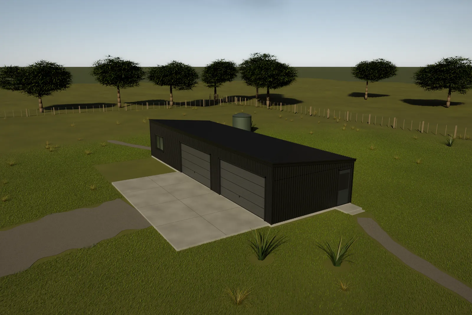 Garage and sleepout combo steel frame kitset 6m x 18m B - aerial exterior view on rural site