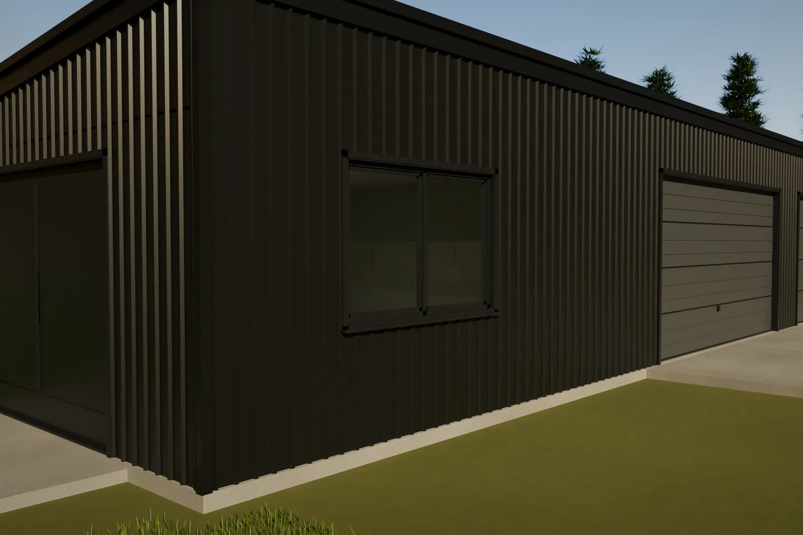 Garage and sleepout combo steel frame kitset 6m x 18m B - detail view of window and corner cladding