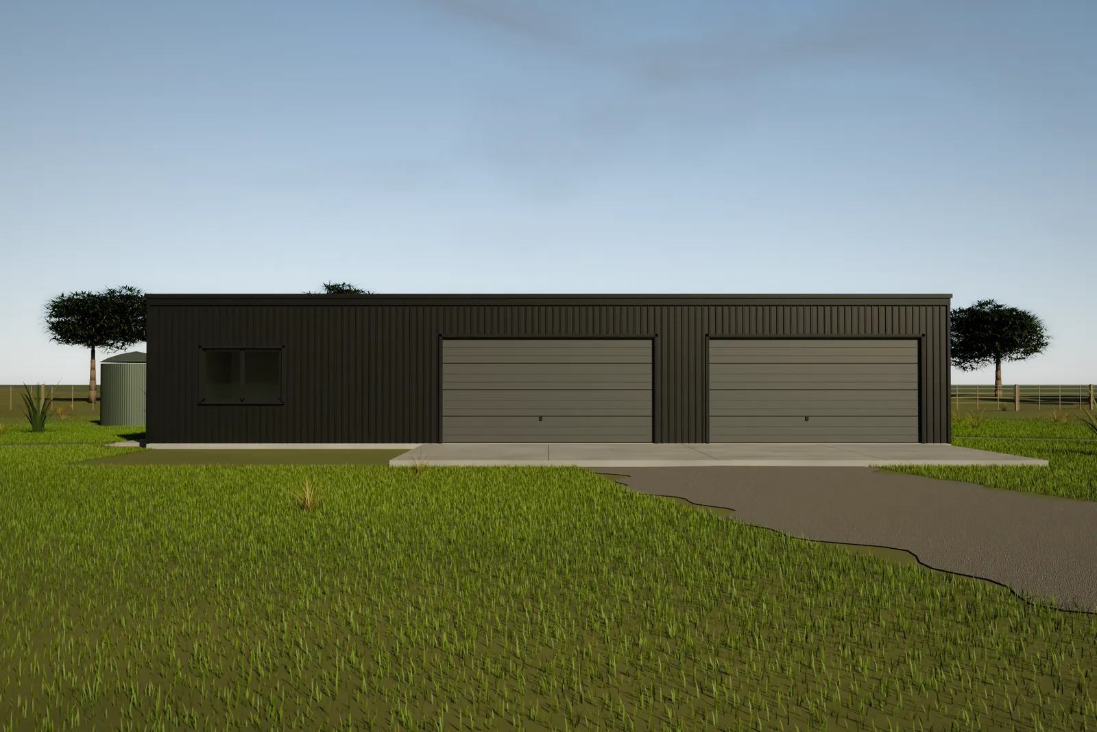 Garage and sleepout combo steel frame kitset 6m x 18m B - front exterior view with two garage door openings and window