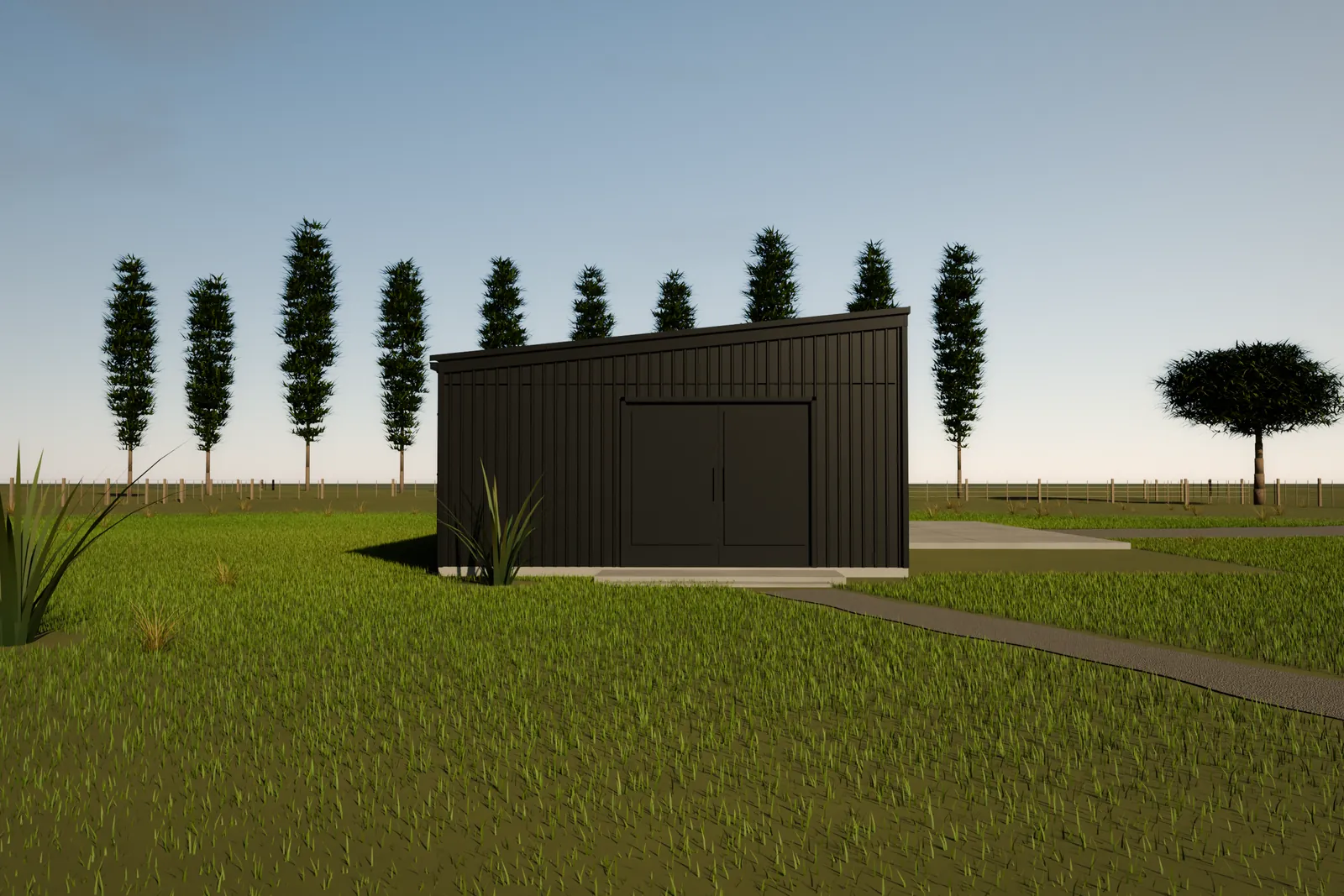 Garage and sleepout combo steel frame kitset 6m x 18m B - gable end exterior view with man door