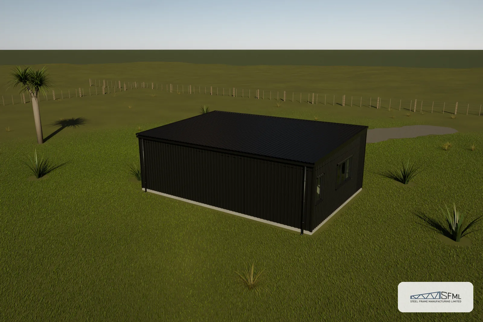 Garage steel frame kitset 6.0m x 9.0m B mirrored - aerial exterior view