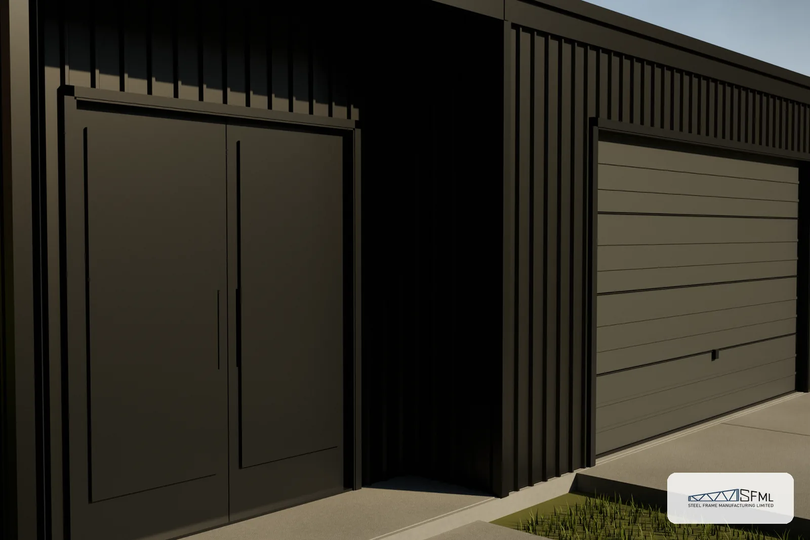 Garage steel frame kitset 6.0m x 9.0m B mirrored - double door and roller door detail