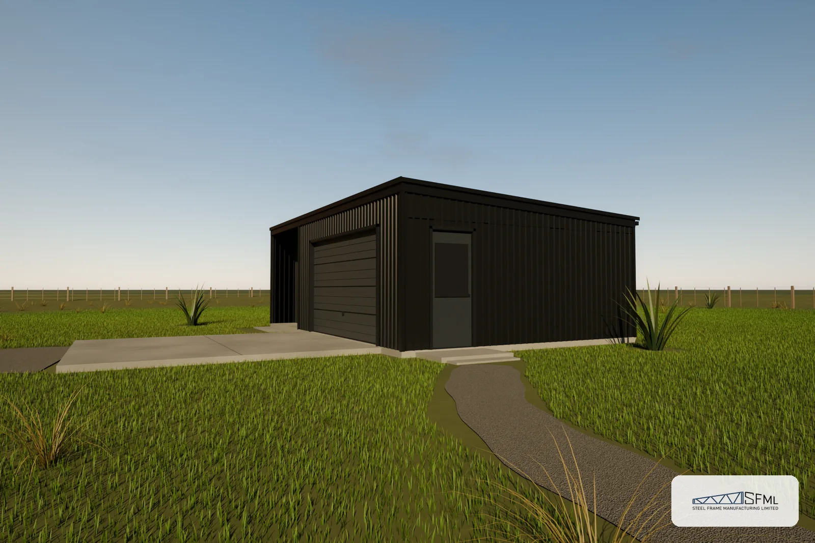Garage steel frame kitset 6.0m x 9.0m B mirrored - exterior corner view