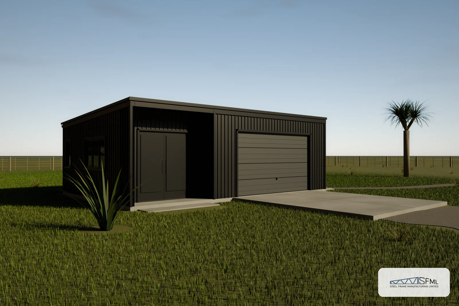 Garage steel frame kitset 6.0m x 9.0m B mirrored - exterior angle view