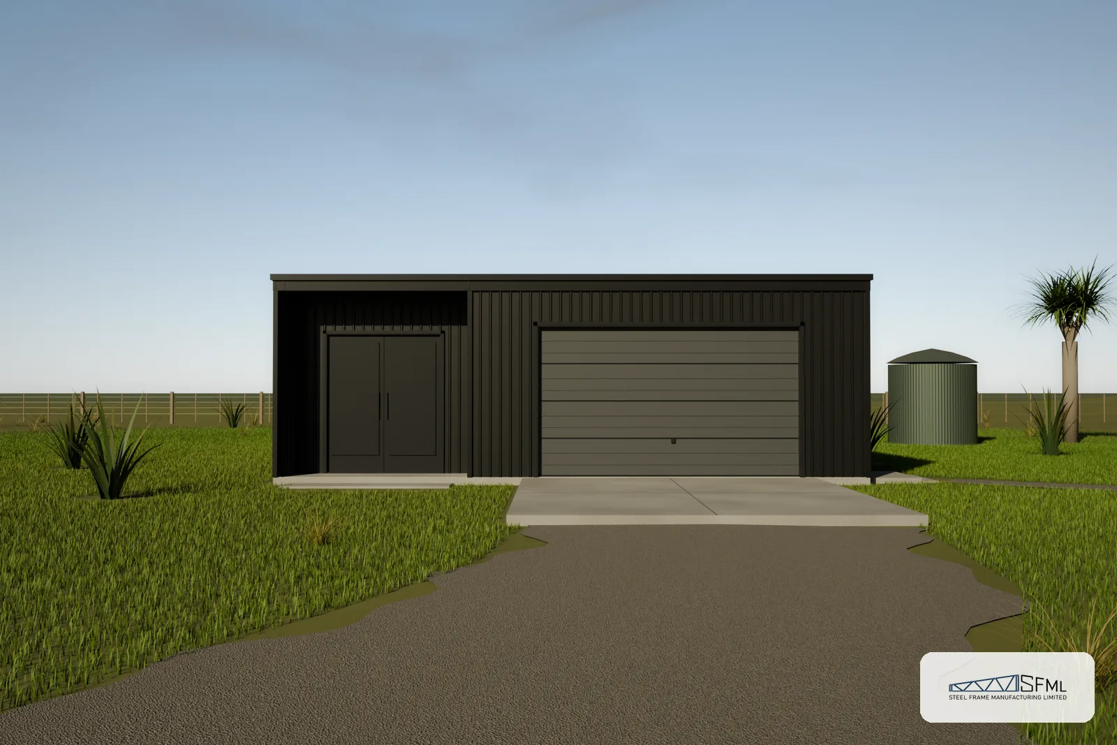 Garage steel frame kitset 6.0m x 9.0m B mirrored - front exterior view