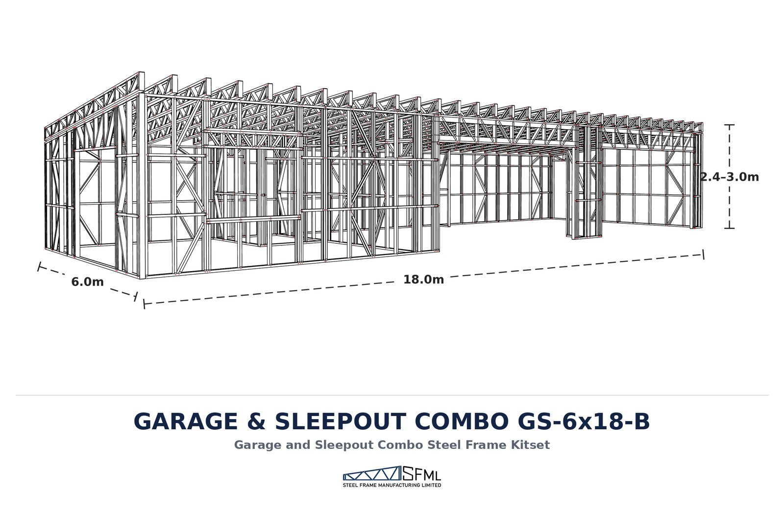garage and sleepout combo steel frame kitset 6m x 18m B GS-6x18-B - dimensioned unclad steel frame
