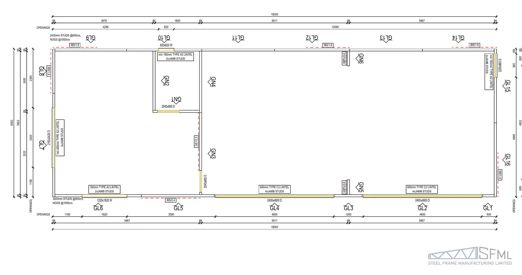 garage and sleepout combo steel frame kitset 6m x 18m B GS-6x18-B - wall frame layout floor plan