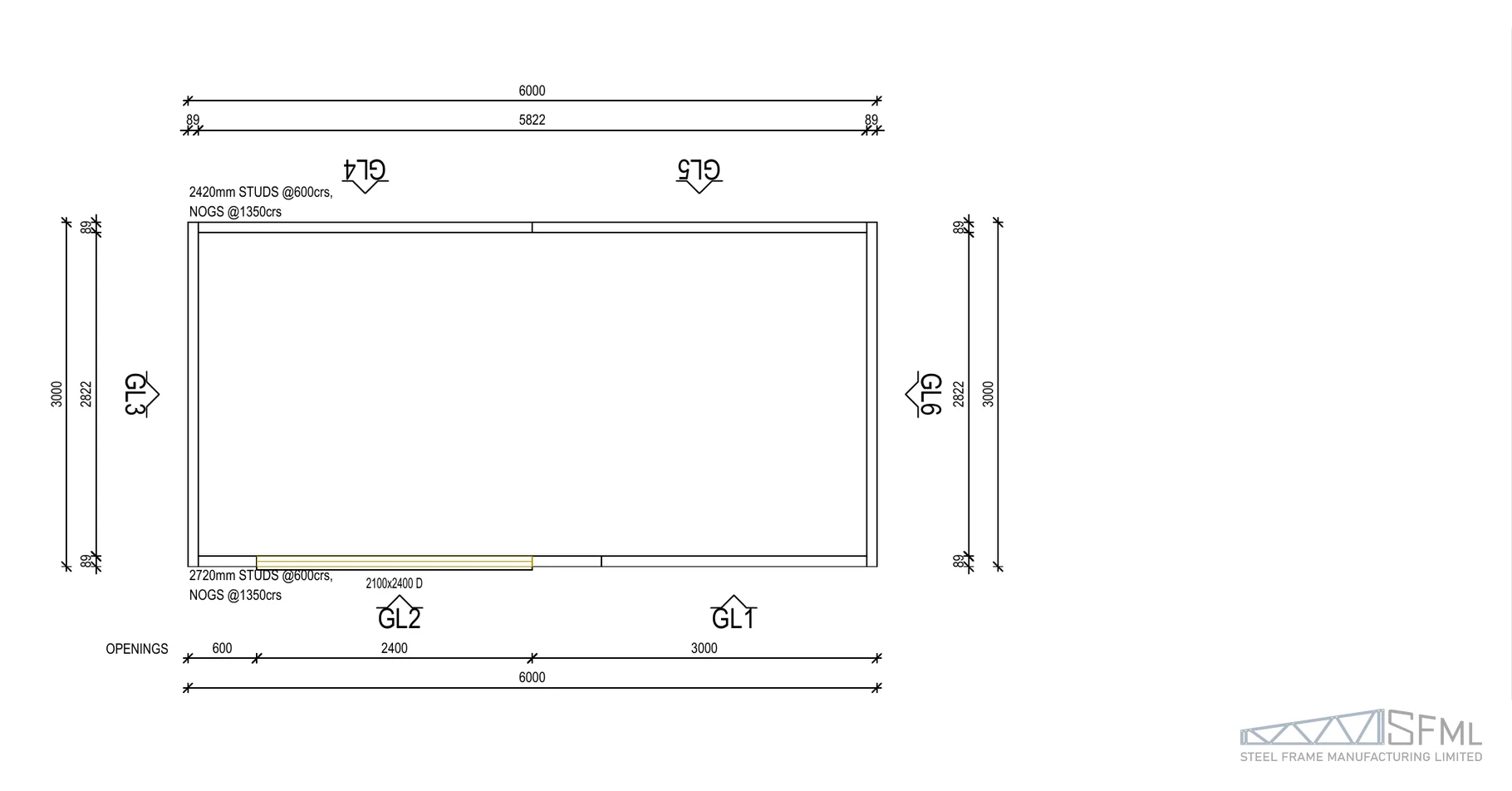 Sleepout steel frame kitset 3.0m x 6.0m A floor plan with stud and opening dimensions