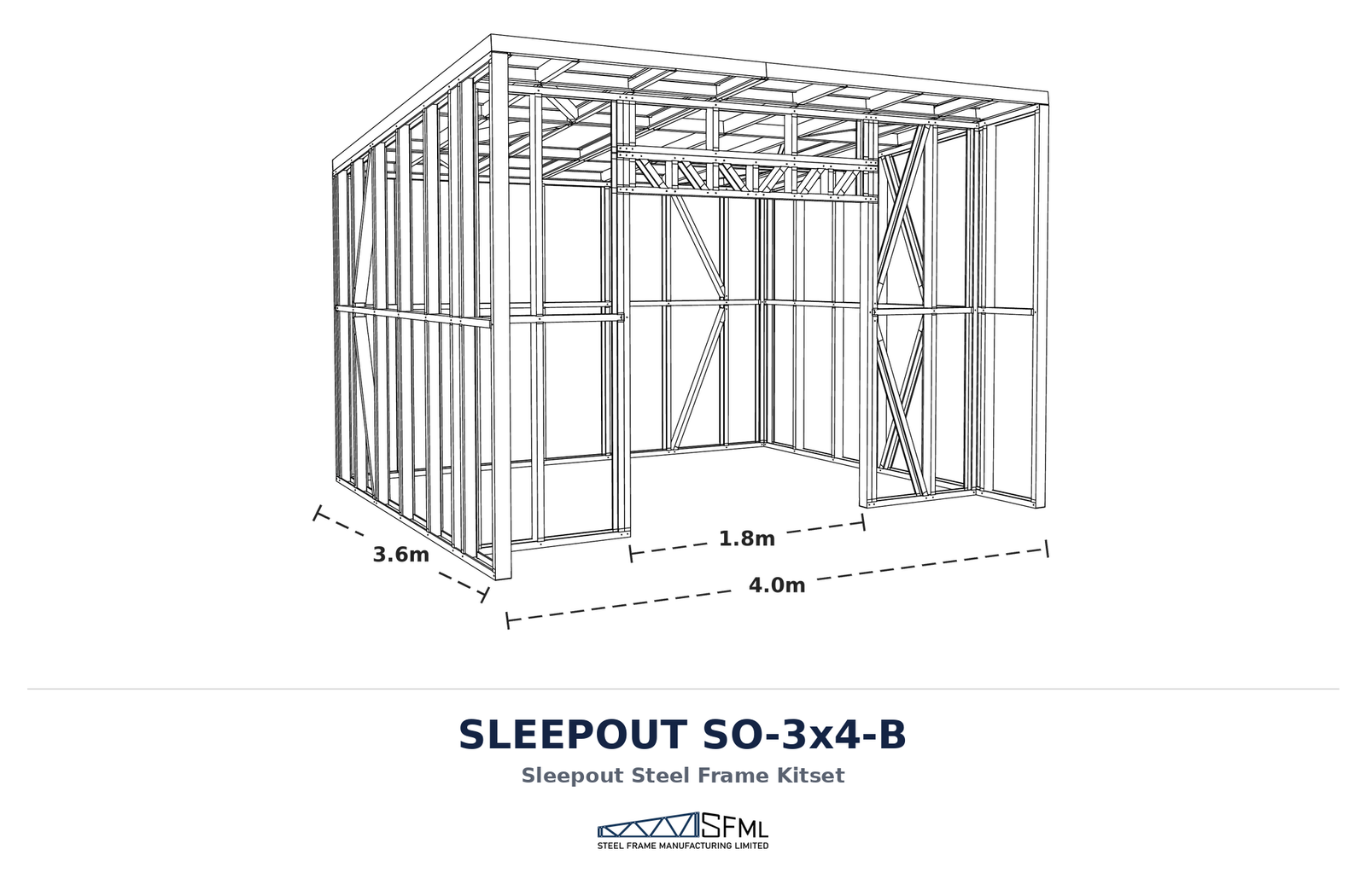 Sleepout steel frame kitset 3m x 4m B dimensioned 3D render with title and logo