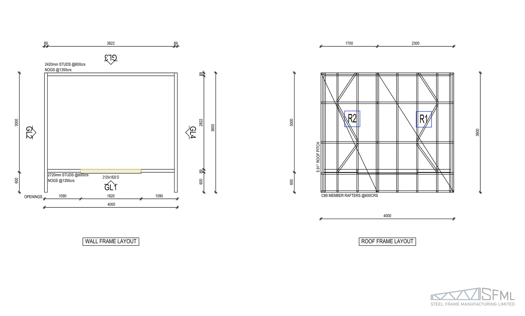 Sleepout steel frame kitset 3m x 4m B floor plan with stud and opening dimensions