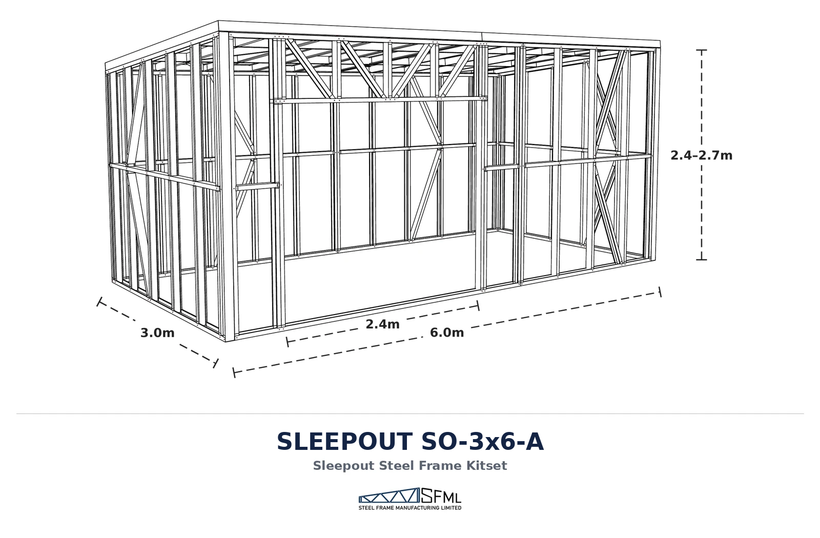 Sleepout steel frame kitset 3.0m x 6.0m A dimensioned 3D render with title and logo