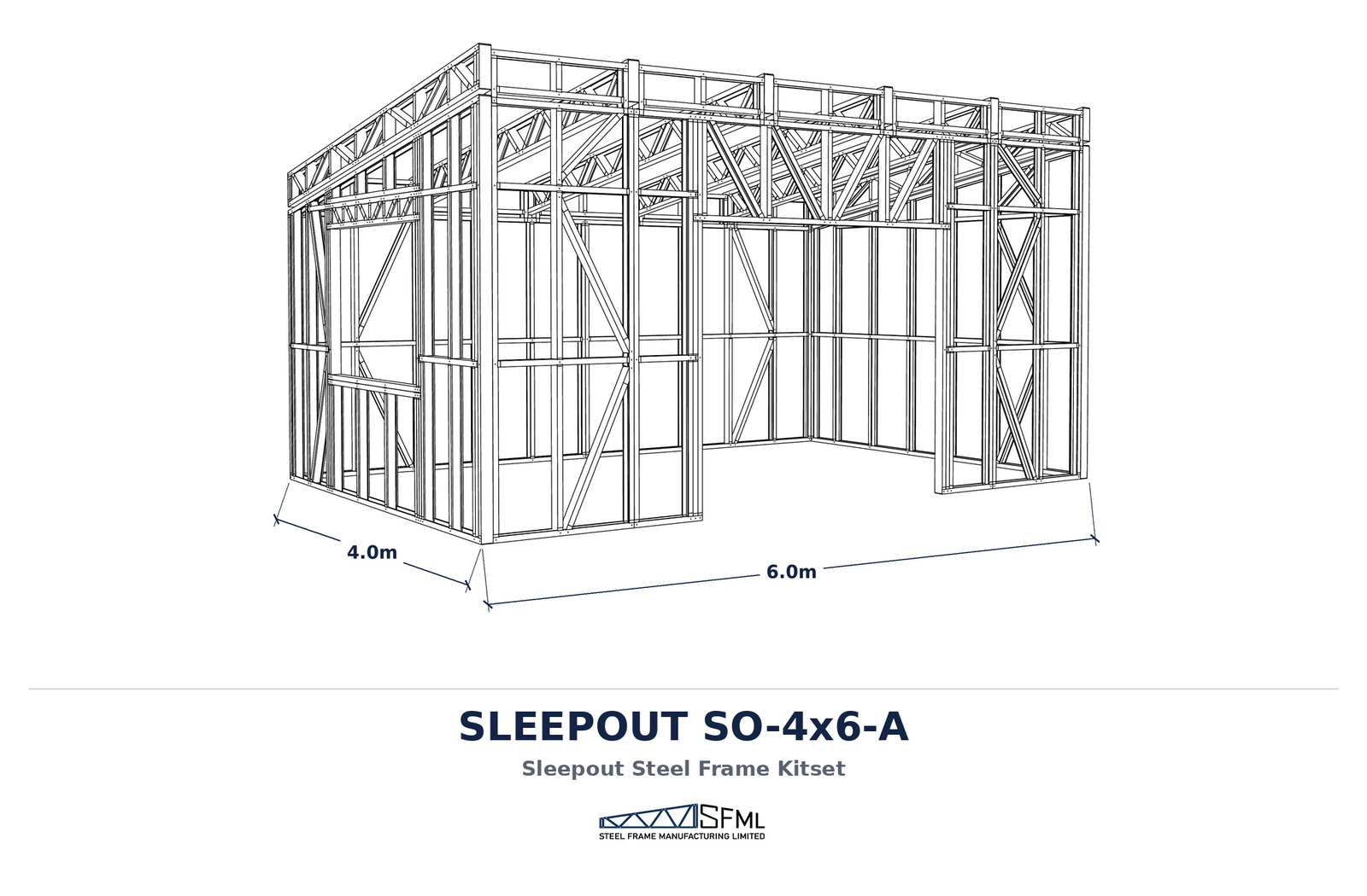 Sleepout steel frame kitset 4m x 6m A dimensioned 3D render with title and logo