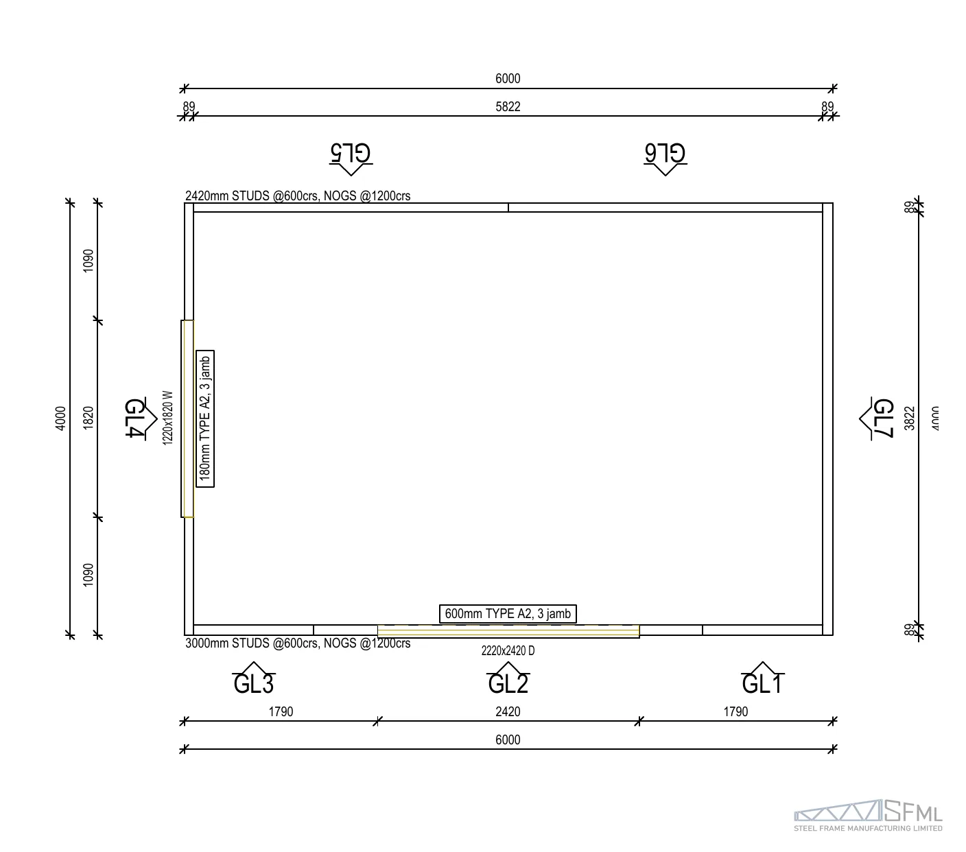 Sleepout steel frame kitset 4m x 6m A - wall frame floor plan with dimensions