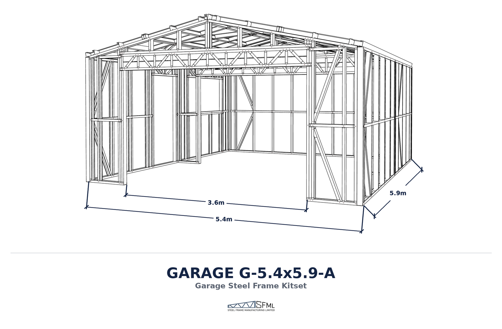 Garage steel frame kitset 5.4m x 5.9m A dimensioned 3D render with title and logo