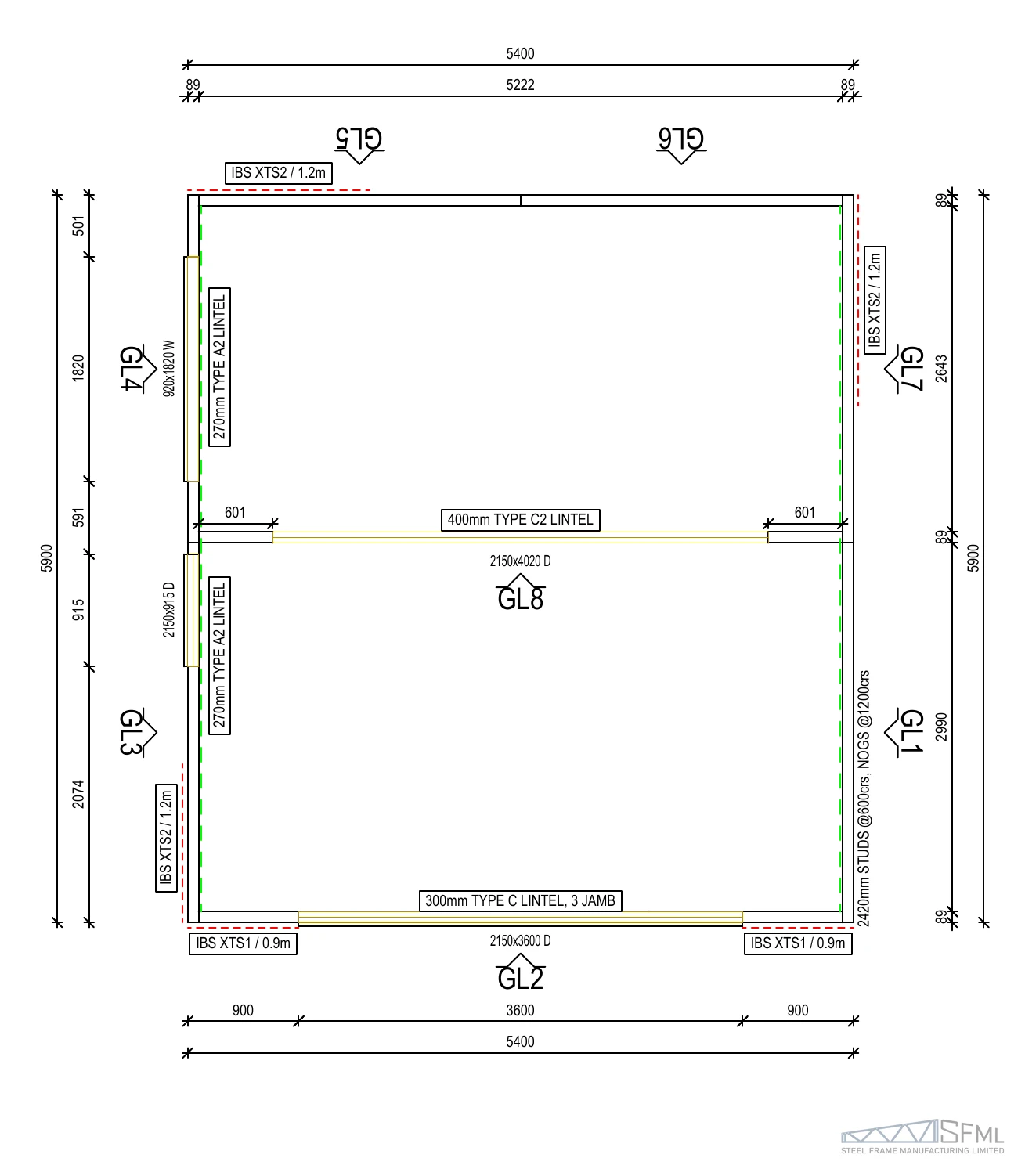 Garage steel frame kitset 5.4m x 5.9m A floor plan with dimensions and door openings