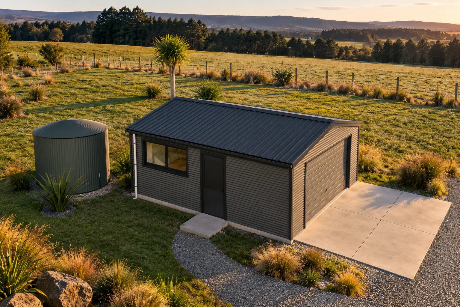 Garage steel frame kitset 5.4m x 5.9m A clad exterior aerial view