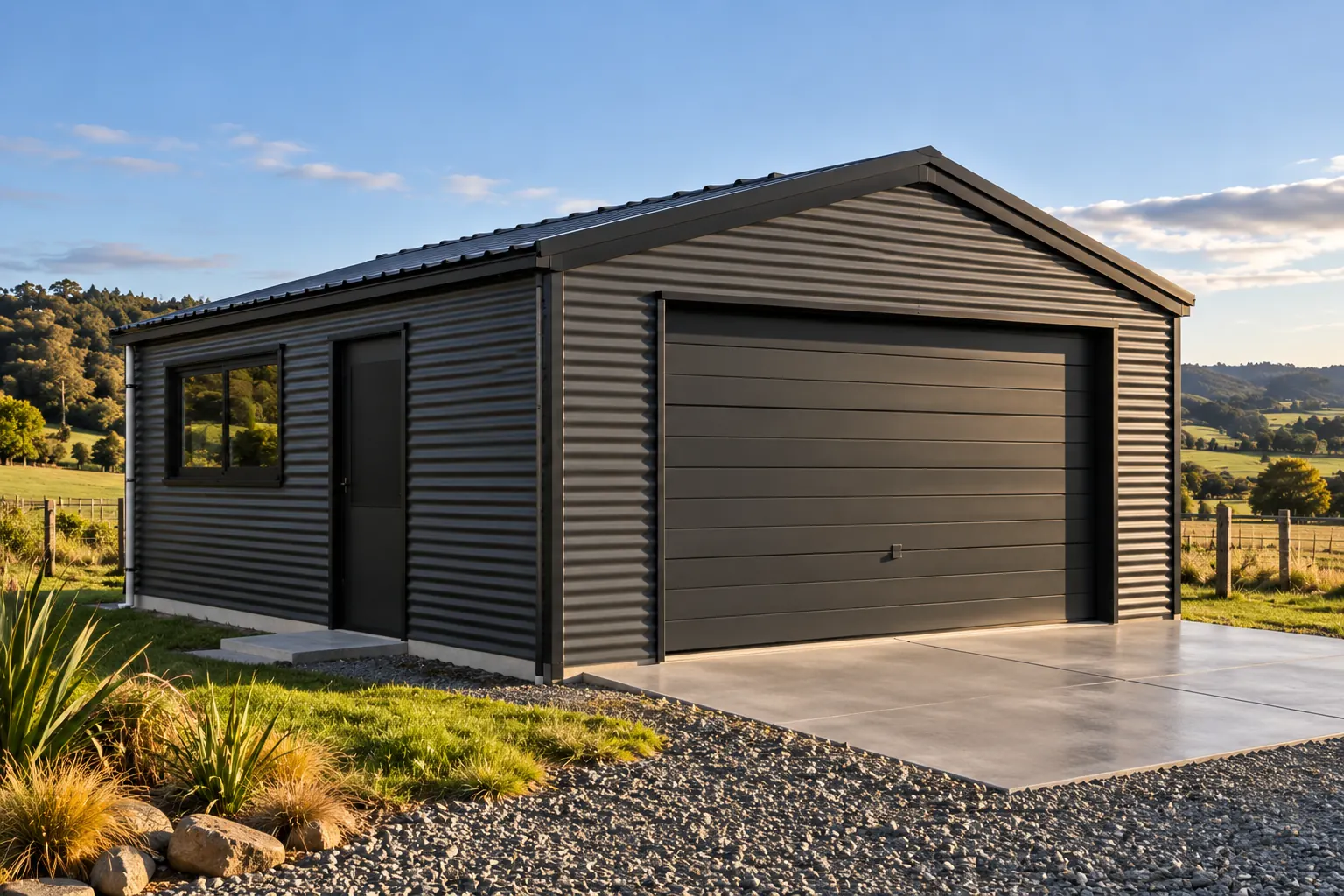 Garage steel frame kitset 5.4m x 5.9m A clad exterior front view with garage door