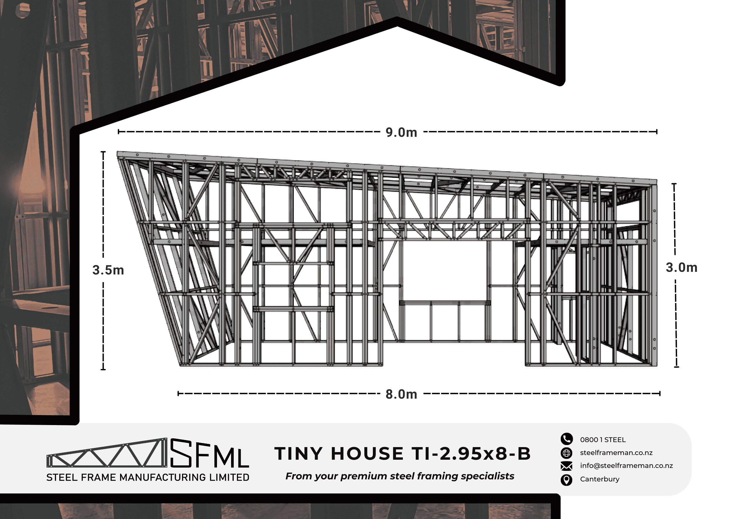 Tiny House Steel Frame Kitset - 2.95m x 8.0m - B (23.6sqm)