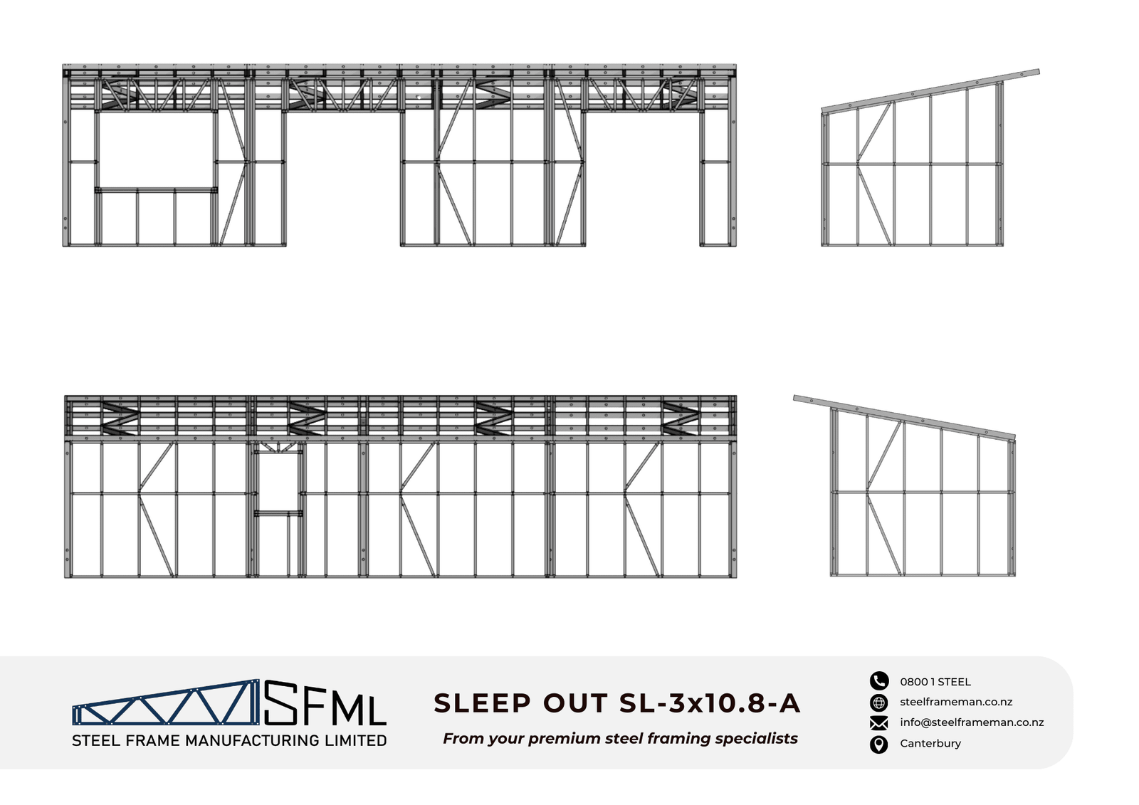 Steel Frame Manufacturing Ltd 3.0m x 10.8m Sleep Out steel framing kit includes roof frame panels, wall frames and ancillaries (screws, driver bits etc).