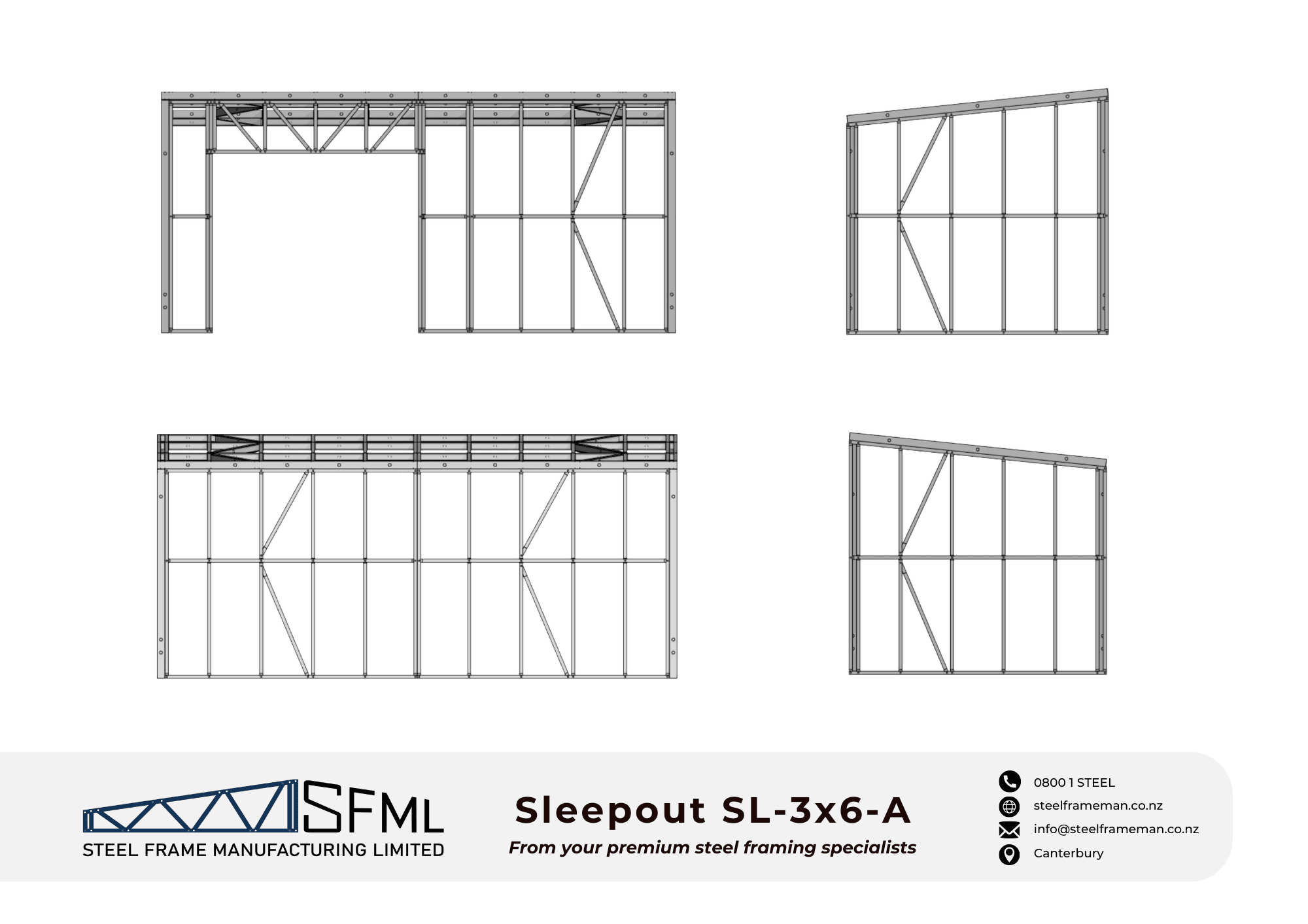 Steel Frame Manufacturing Ltd 3.0m x 6.0m sleep out steel framing kit includes roof frame panels, wall frames and ancillaries (screws, driver bits etc).