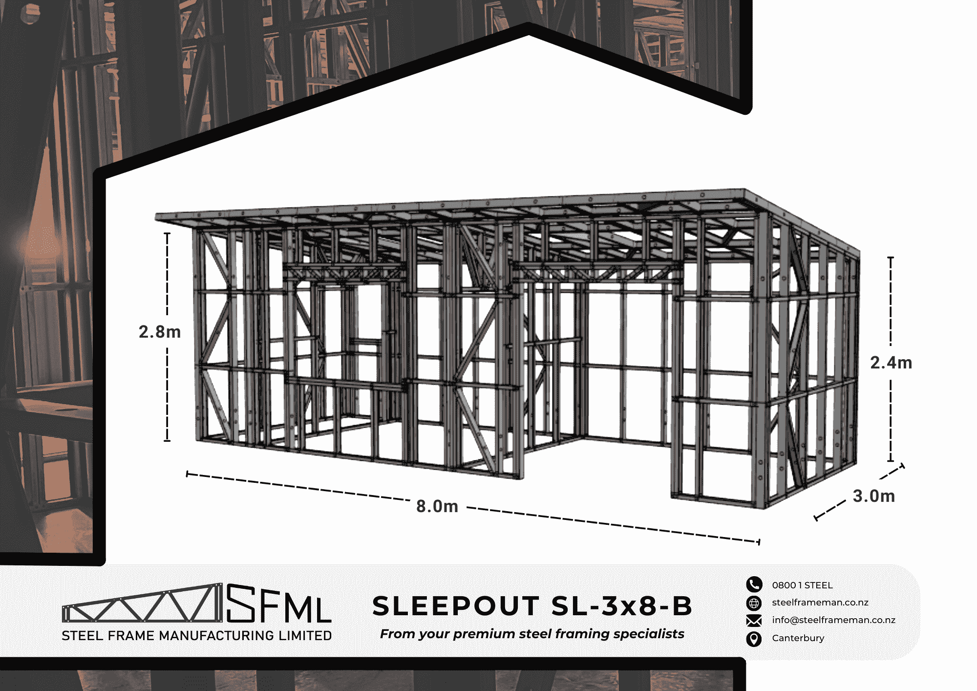 Steel Frame Manufacturing Ltd 3.0m x 8m Sleep Out steel framing kit includes roof frame panels, wall frames and ancillaries (screws, driver bits etc).