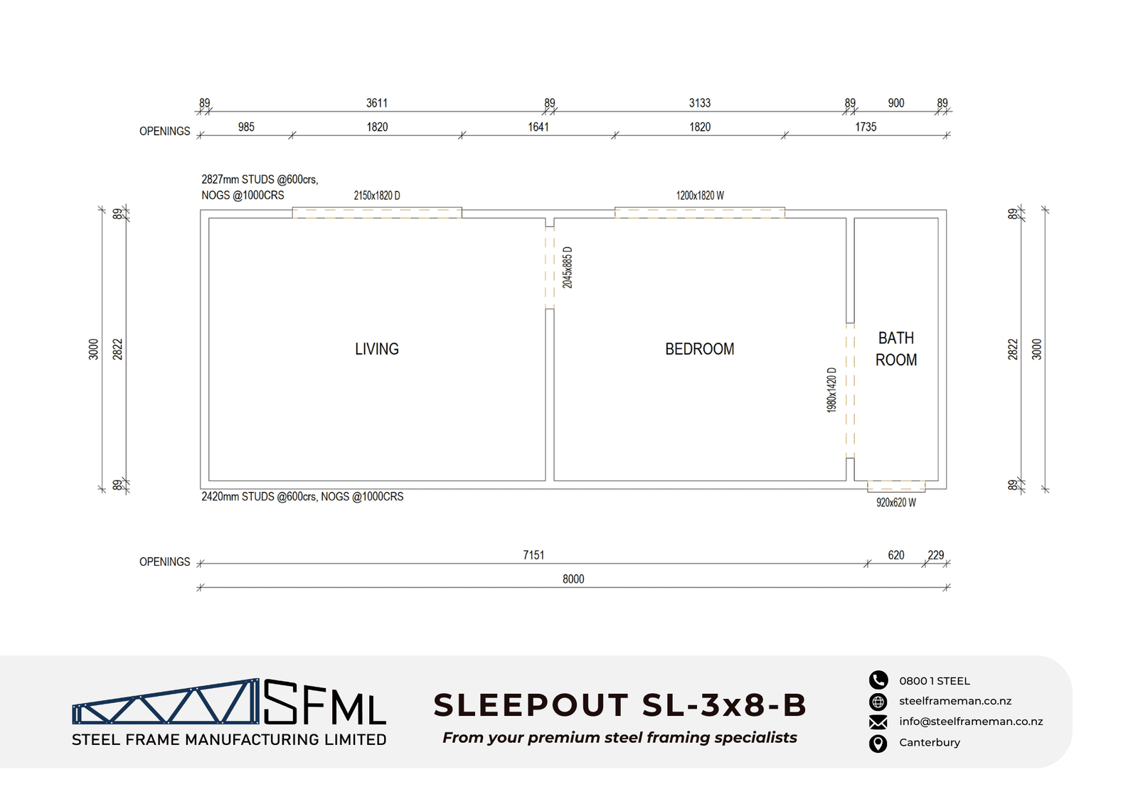 Sleepout Steel Frame Kitset - 3.0m x 8.0m - B (24sqm) - Image 3