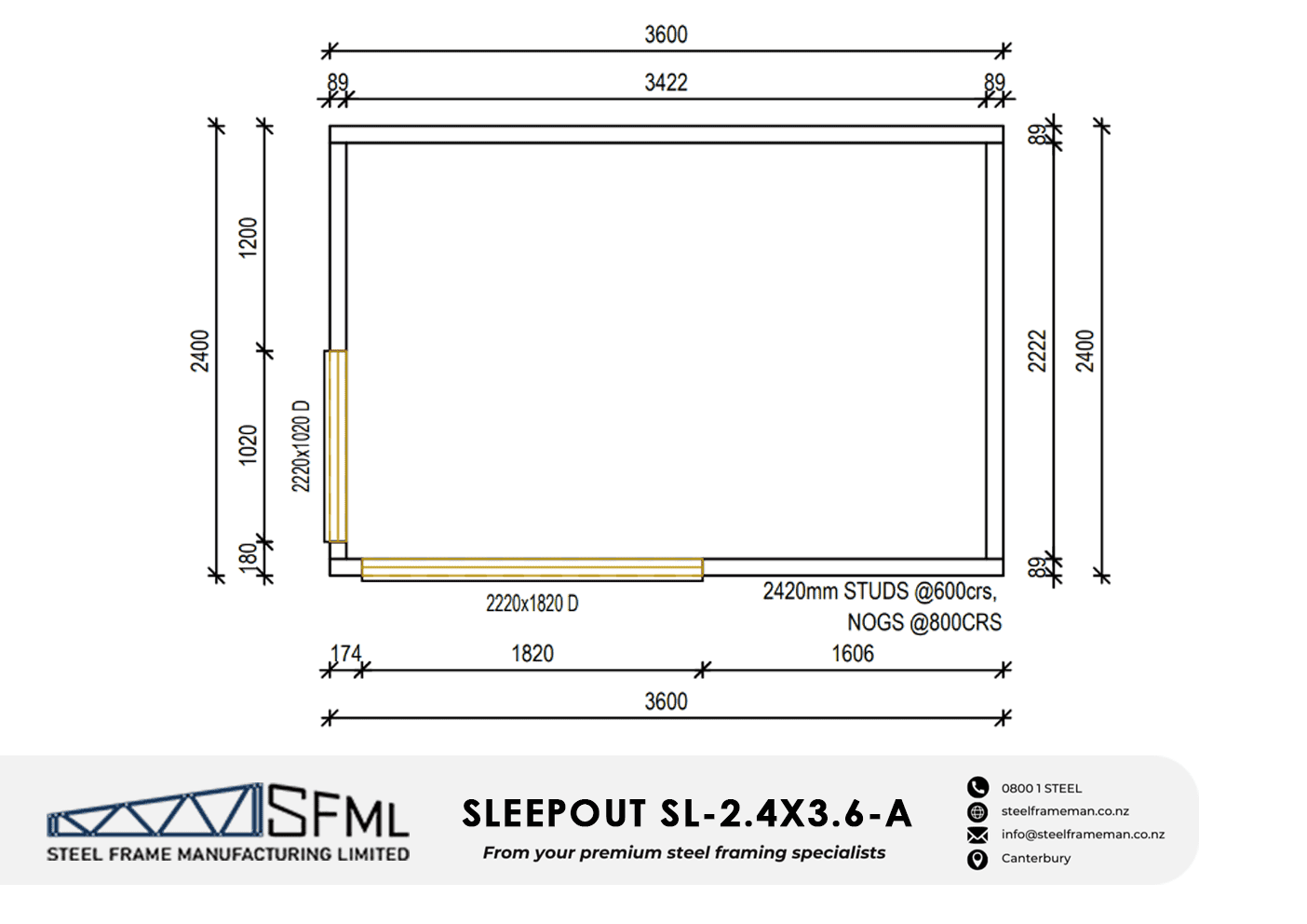 Sleepout Steel Frame Kitset - 2.4m x 3.6m - A (8.64sqm) - Image 3
