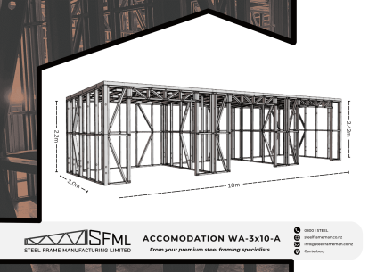 Steel Frame Manufacturing Ltd 3m x 10m (30m2) Worker Accommodation steel framing kit includes roof rafters, wall frames and ancillaries (brackets, screws, driver bits etc). newzealand accomodation unit house design