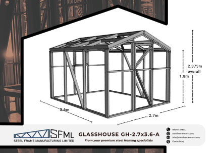 Steel Frame Manufacturing Ltd 2.7m x 3.6m glasshouse framing kit includes roof frame panels, wall frames, door panel and assembly screws.