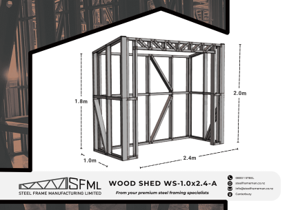 Steel Frame Manufacturing Ltd 1.0m x 2.4m Wood Shed framing kit includes wall frames and ancillaries (screws, driver bits etc).