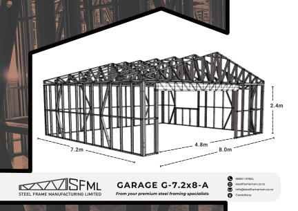 Steel Frame Manufacturing Ltd 7.2m x 8m (57.6m2) Garage steel framing kit includes roof trusses, wall frames and ancillaries (brackets, screws, driver bits etc).