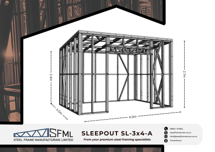 Steel Frame Manufacturing Ltd 3m x 4m Gable Sleep Out steel framing kit includes roof frame panels, wall frames and ancillaries (screws, driver bits etc).