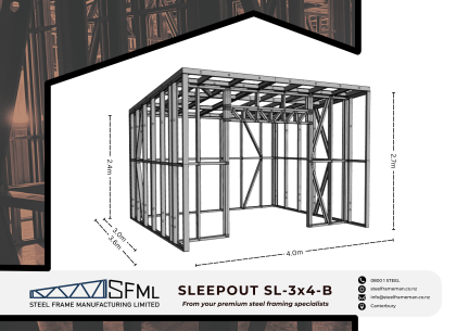 Steel Frame Manufacturing Ltd 3m x 4m Gable Sleep Out steel framing kit includes roof frame panels, wall frames and ancillaries (screws, driver bits etc).