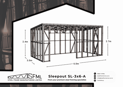 Steel Frame Manufacturing Ltd 3.0m x 6.0m sleep out steel framing kit includes roof frame panels, wall frames and ancillaries (screws, driver bits etc).