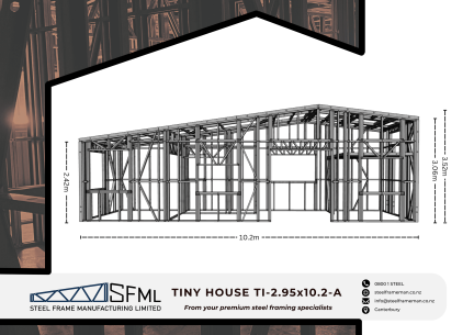 Steel Frame Manufacturing Ltd 2.95m x 10.2m (30m2) Tiny House steel framing kit includes roof panels, mezzanine panel, wall frames and ancillaries (brackets, screws, driver bits etc).